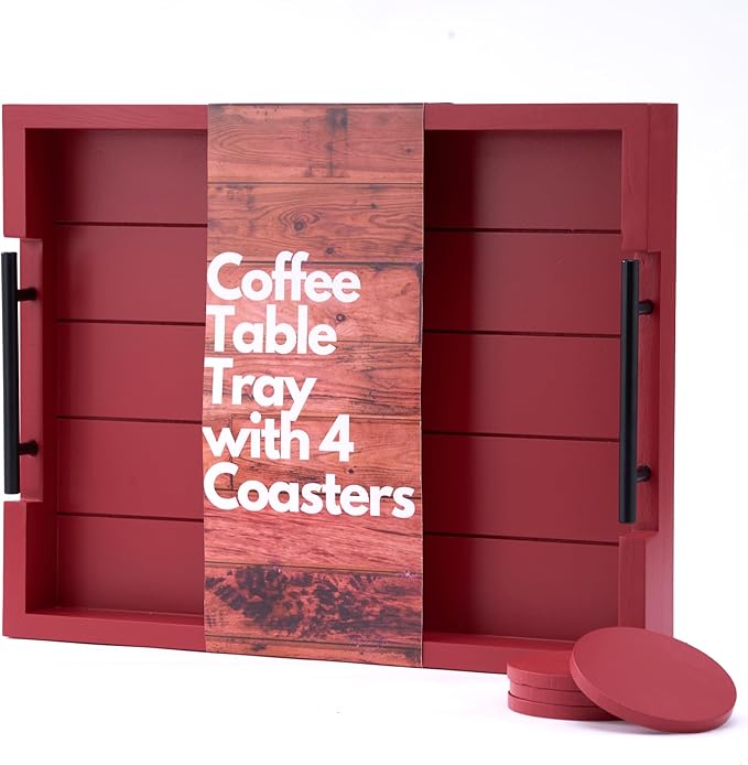 Coffee Table Decorative Serving Tray - 17x13 Inch Wood Tray with 4 Wooden Coasters - Ideal for Ottoman, Breakfast