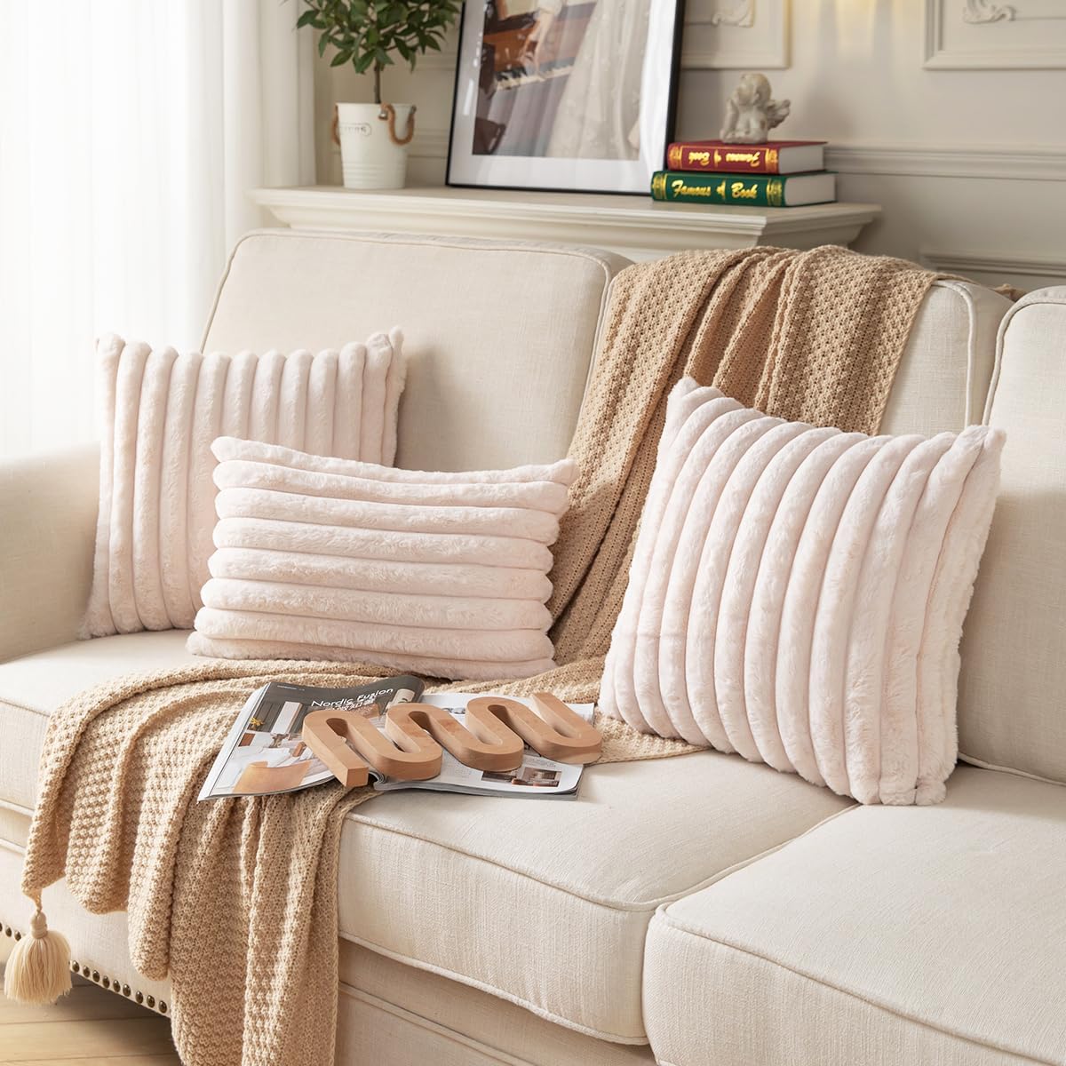 DEELAND Pack of 2,Double-Sided Faux Fur Plush Decorative Throw Pillow Covers Fuzzy Striped Soft Pillowcase Cushion Covers for Sofa Couch Bedroom Beige 22x22 inch