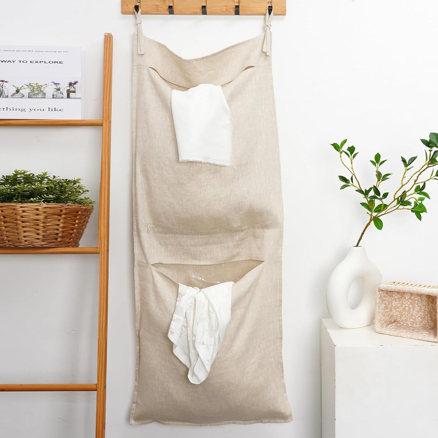 100% Linen Hanging Laundry Bag with 2 Compartments, Over the Door Laundry Hamper, Dirty Clothes Space Saving Organizer 19.7 x 47 Inches, Linen
