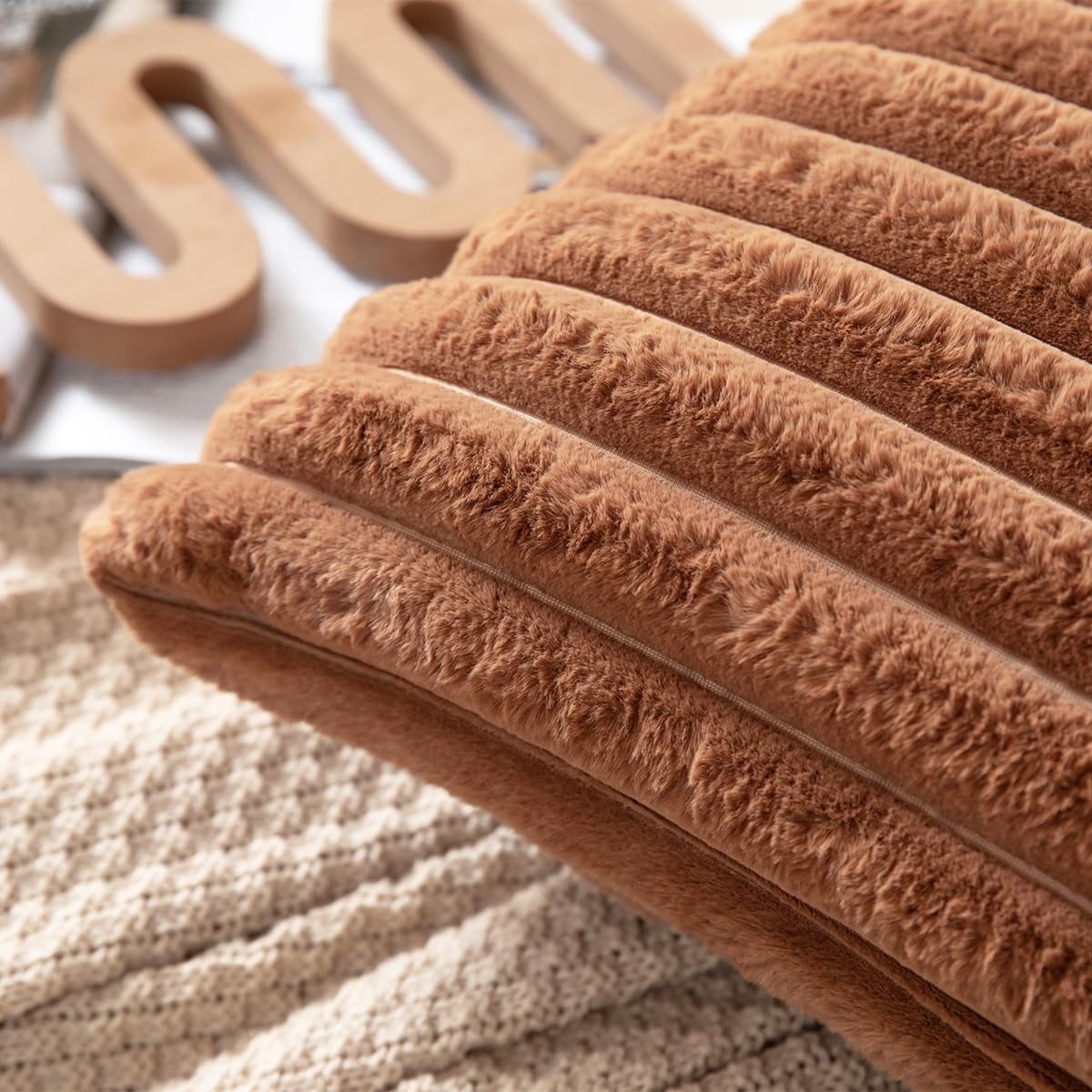 DEELAND Pack of 2,Double-Sided Faux Fur Plush Decorative Throw Pillow Covers Fuzzy Striped Soft Pillowcase Cushion Covers for Sofa Couch Bedroom Brown 24x24 inch