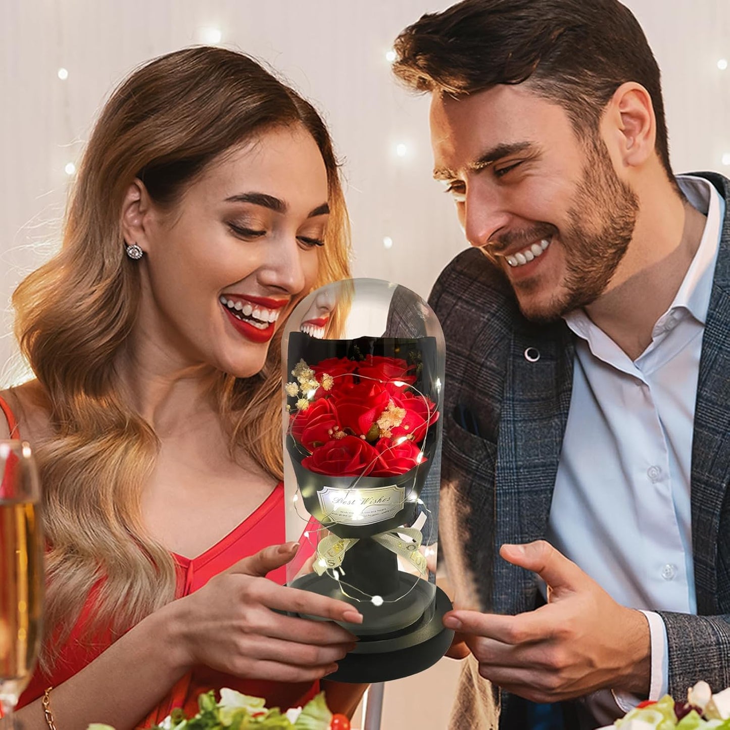 Gift for Her Forever Flower Bouquet for Delivery Prime Preserved Red Roses Glass Dome LED Light 100 Languages I LOVE YOU Necklace Mothers Day Birthday Romantic Valentines Gift for Wife Women Mom