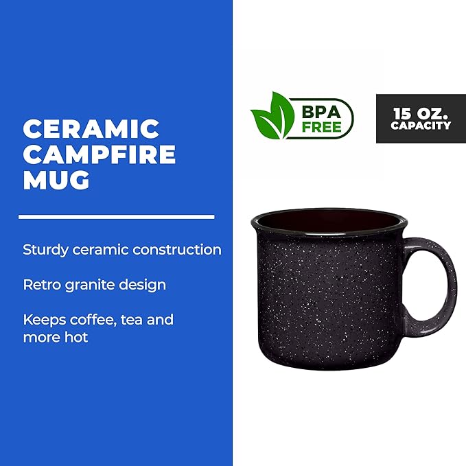 Set of 16 Ceramic Campfire Mugs – 15 Oz, Black – Coffee & Tea Cups for Home, Work, Travel, Camping – Customizable, Great for DIY, Events, Companies
