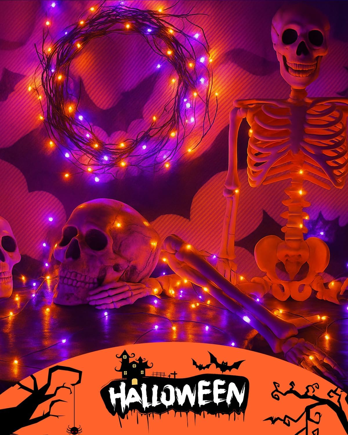 4 Pack 60LED Orange & Purple Fairy Lights Battery Operated with Timer, 20FT Waterproof Halloween Lights Outdoor Indoor, Black Wire String Lights for Bedroom, Party, Centerpiece, Halloween Decorations