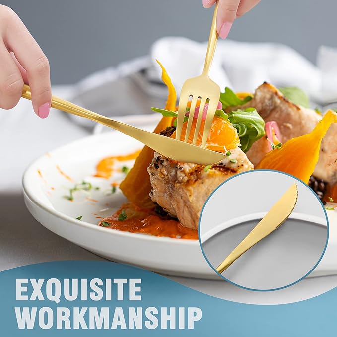 Matte Gold Silverware Set for 6,Modern Stainless Steel Brushed Cutlery Set,30-Pieces Heavy Duty Flatware Set,Knives Spoons and Forks Set Utensils Set,Satin Finish,Dishwasher Safe