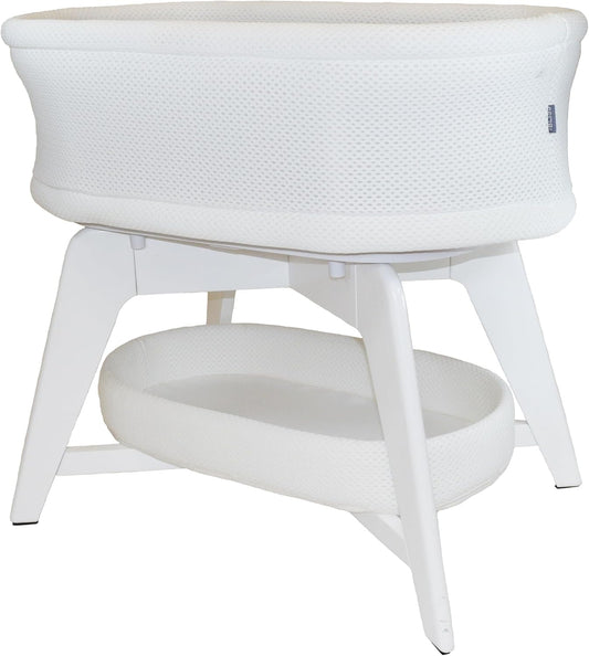 Evi Smart Baby Bassinet Beside Sleeper with Auto-Glide, Ambient Nightlight & Sensory Sounds, Compatible with Alexa and Google Home, Includes 2 Sheets (White W/White Legs)