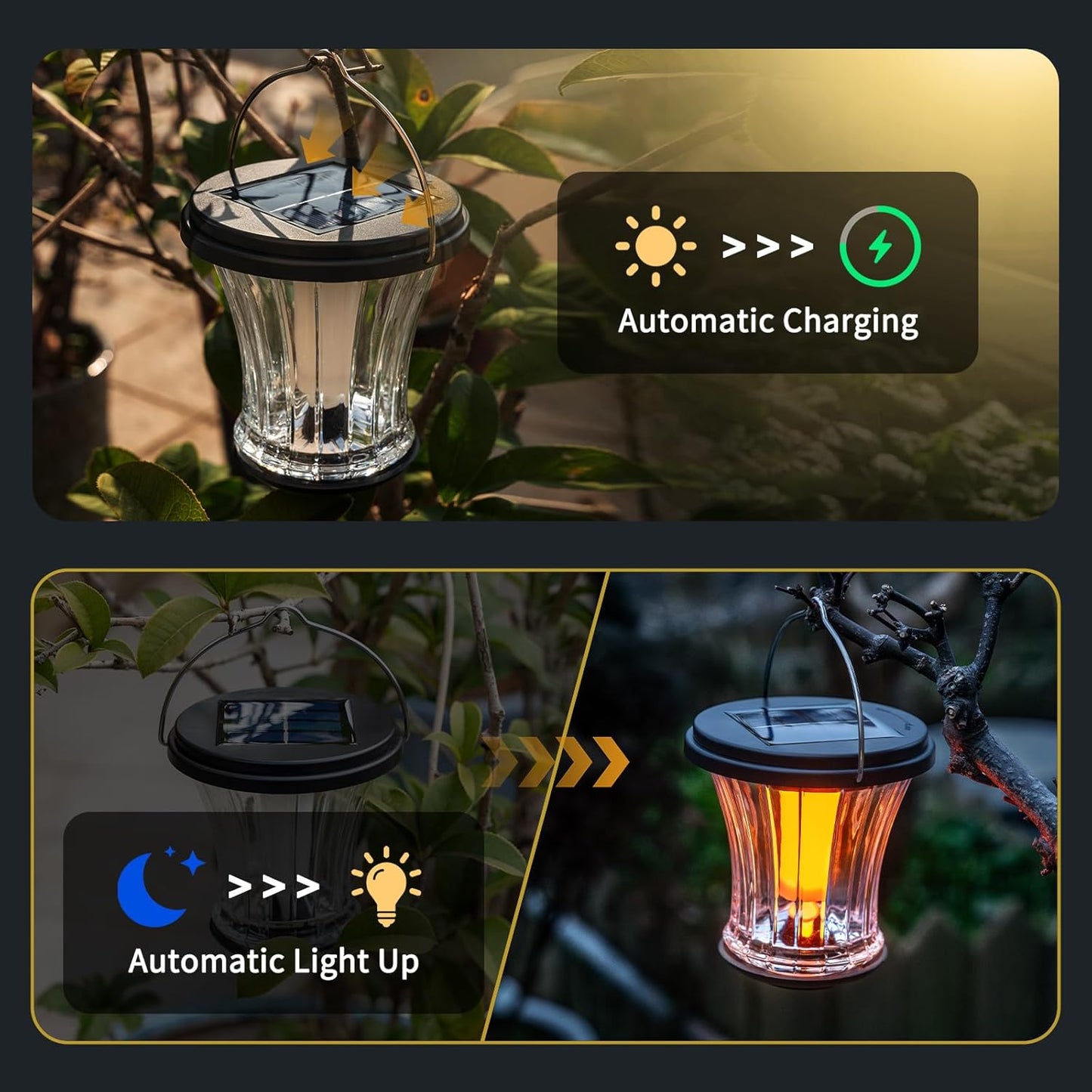Glass Solar Lantern Outdoor Lights Waterproof, Flickering Flame Solar Lights with Modular Design, Auto On/Off Decorative Hanging Lanterns for Patio Garden Pathway Camping Deck Yard (2 Pack)