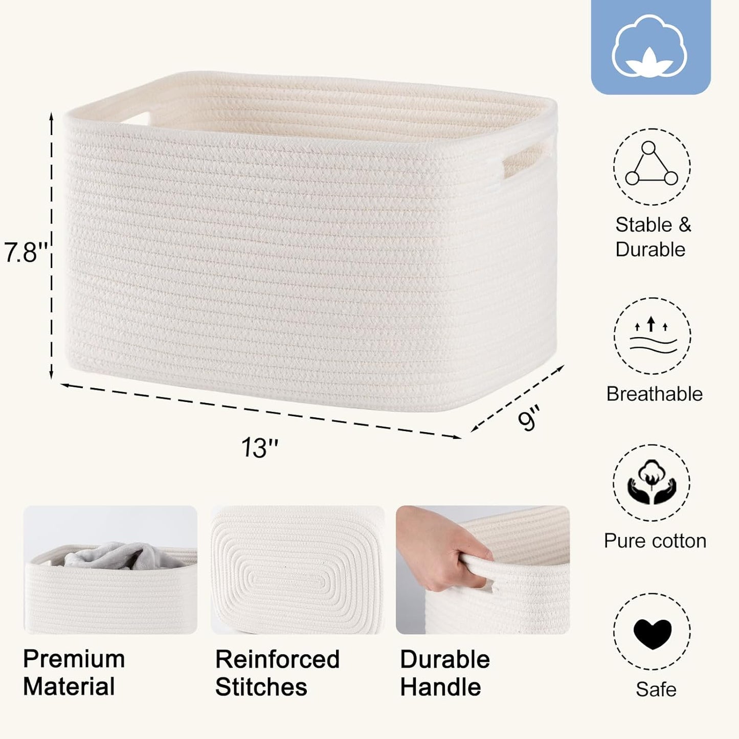 4 Pack Storage Baskets for Organizing, Woven Baskets for Shelves - Perfect for Toys, Books, Towels, and Clothes, Durable Gift Basket Bins Toy Storage, 12.7''L x9''W x7.8''H, White