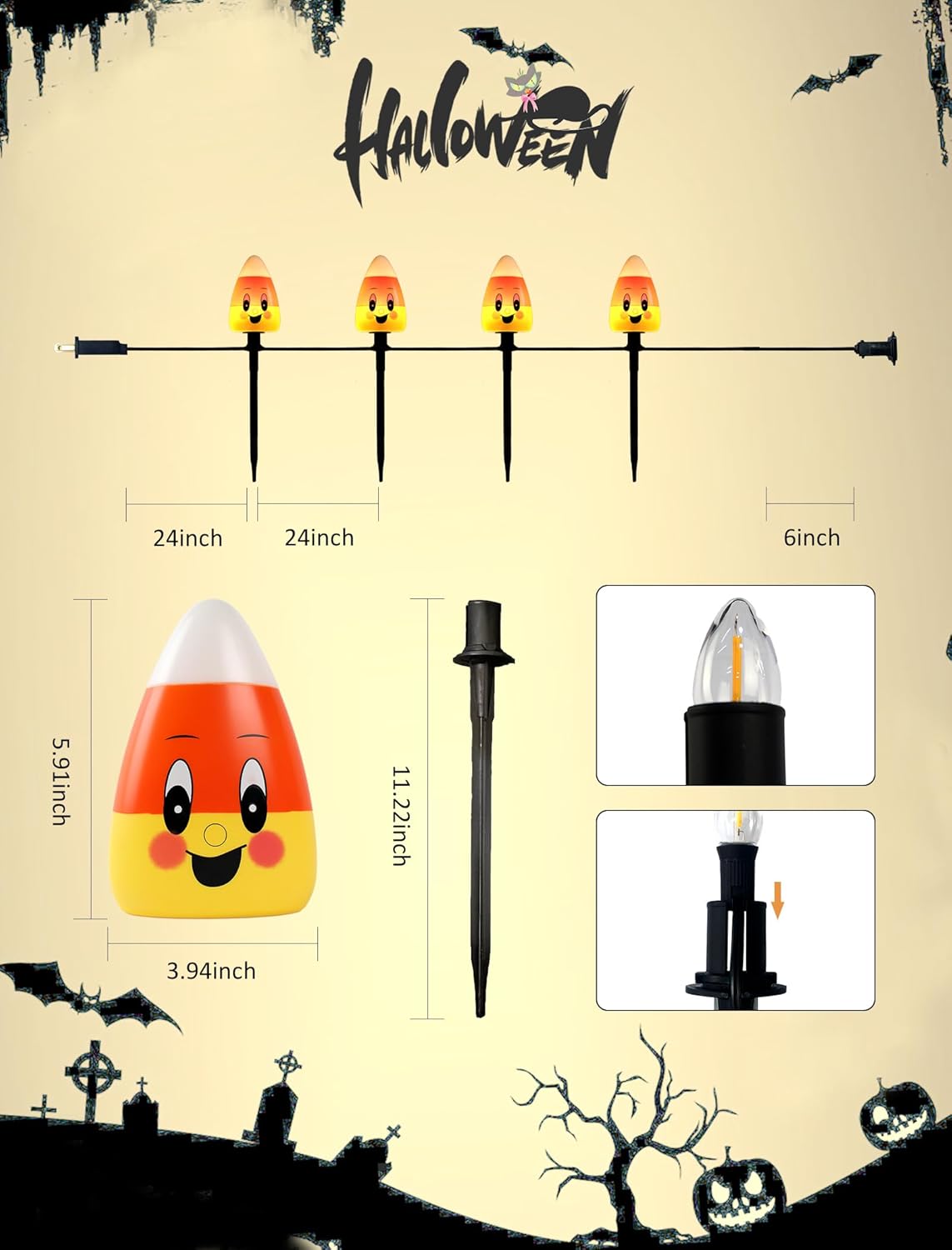 5 Pack Enchanting Candy Corn Pathway Lights Outdoor, UL Certified Plug-in Halloween Decorations, Whimsical Waterproof Yard Stakes for a Magical Trick-or-Treat Walkway & Festive Garden Party