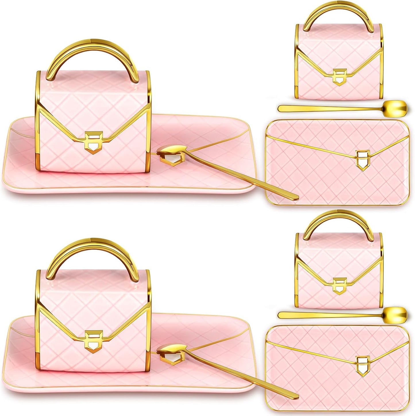 Zubebe 2 Sets Coffee Mug Elegant Handbag Shaped Cup Modern Ceramic Purse Mug with Spoon and Saucer, 10oz Cute Creative Tea Cup for Office Home Woman Girls Gift (Pink)