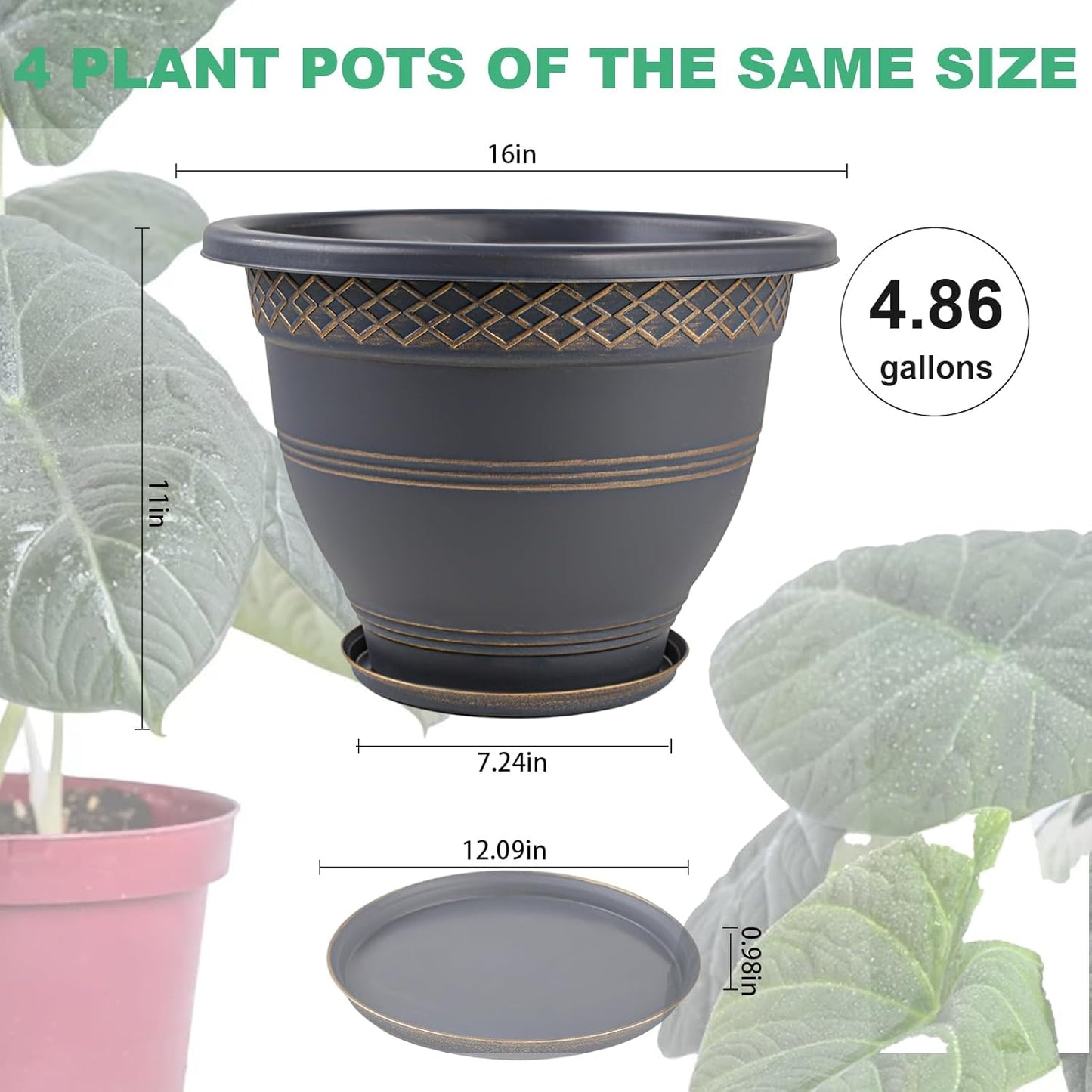 4 Pack 16 Inch Large Plant Pots, Plastic Flower Pot for Indoor & Outdoor with Drainage Holes & Saucer, Plaid Pattern Planters Garden Pots for Herbs Gold