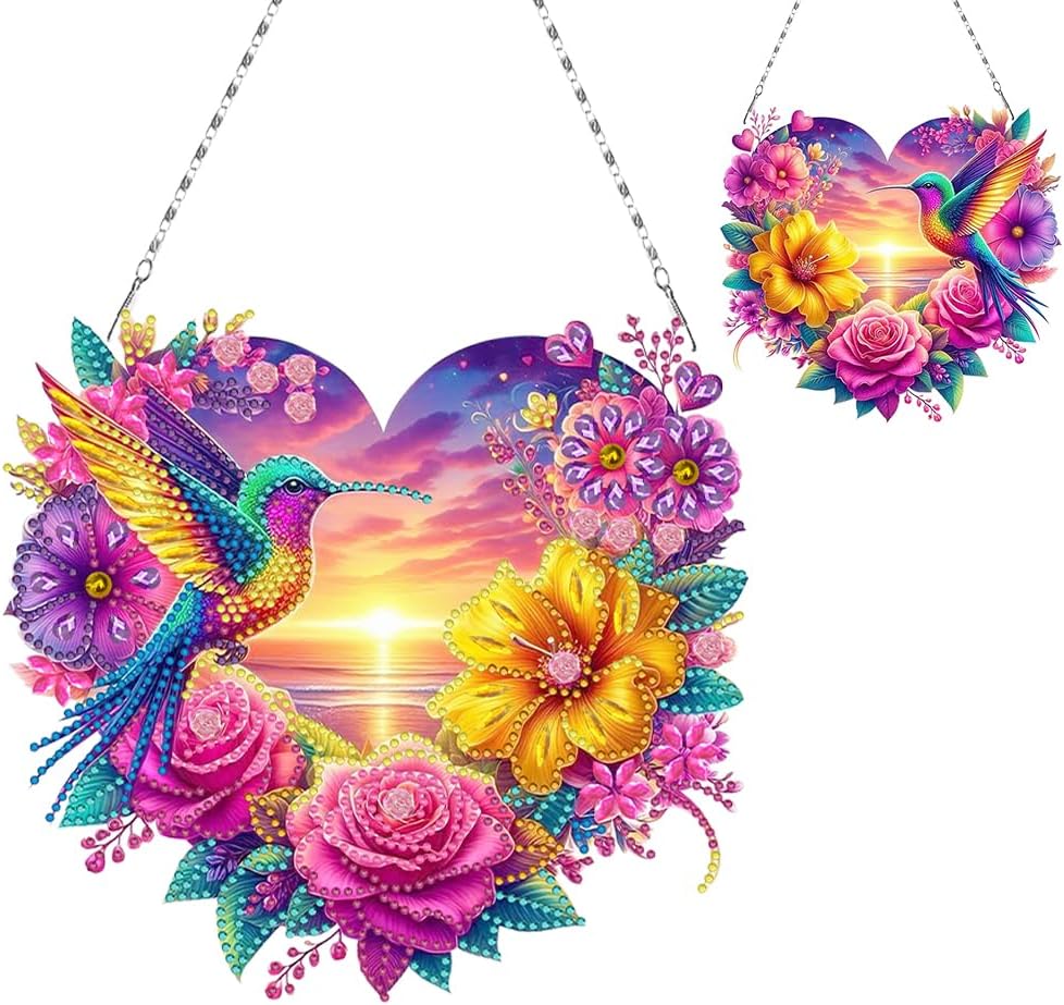 Flowers Hummingbird Diamond Art Kits,5D Diamond Hanging Ornament Kits,DIY Special Shaped Diamond Dot Kits,Home Porch Crystal Hanging Pendant Ornament (Colorful2)