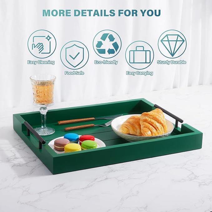 Ottoman Coffee Table Decorative & Serving Tray, 17x13 Inch Wood Tray with 4 Wooden Coasters - Perfect for Ottoman & Breakfast