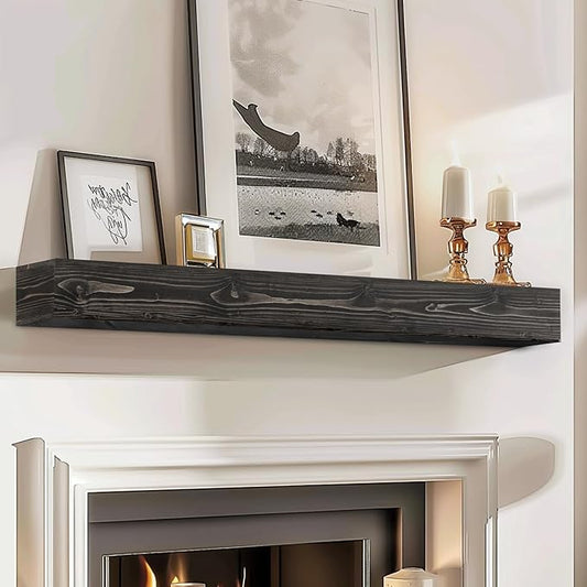 48x8x5 Fireplace Mantel - Handcrafted Hollow Rustic Solid Wood Wall Mounted Floating Shelf with Invisible Heavy Duty Wood Bracket (Weathered Black)