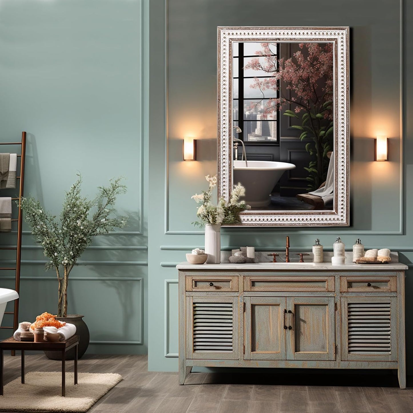 35x23'' Boho Wooden Rectangle Wall Mirror, Rustic Farmhouse Rectangular Mirrors for Bathroom, Bedroom, Living Room, Entryway Decorative - Vertical or Horizontal Hanging