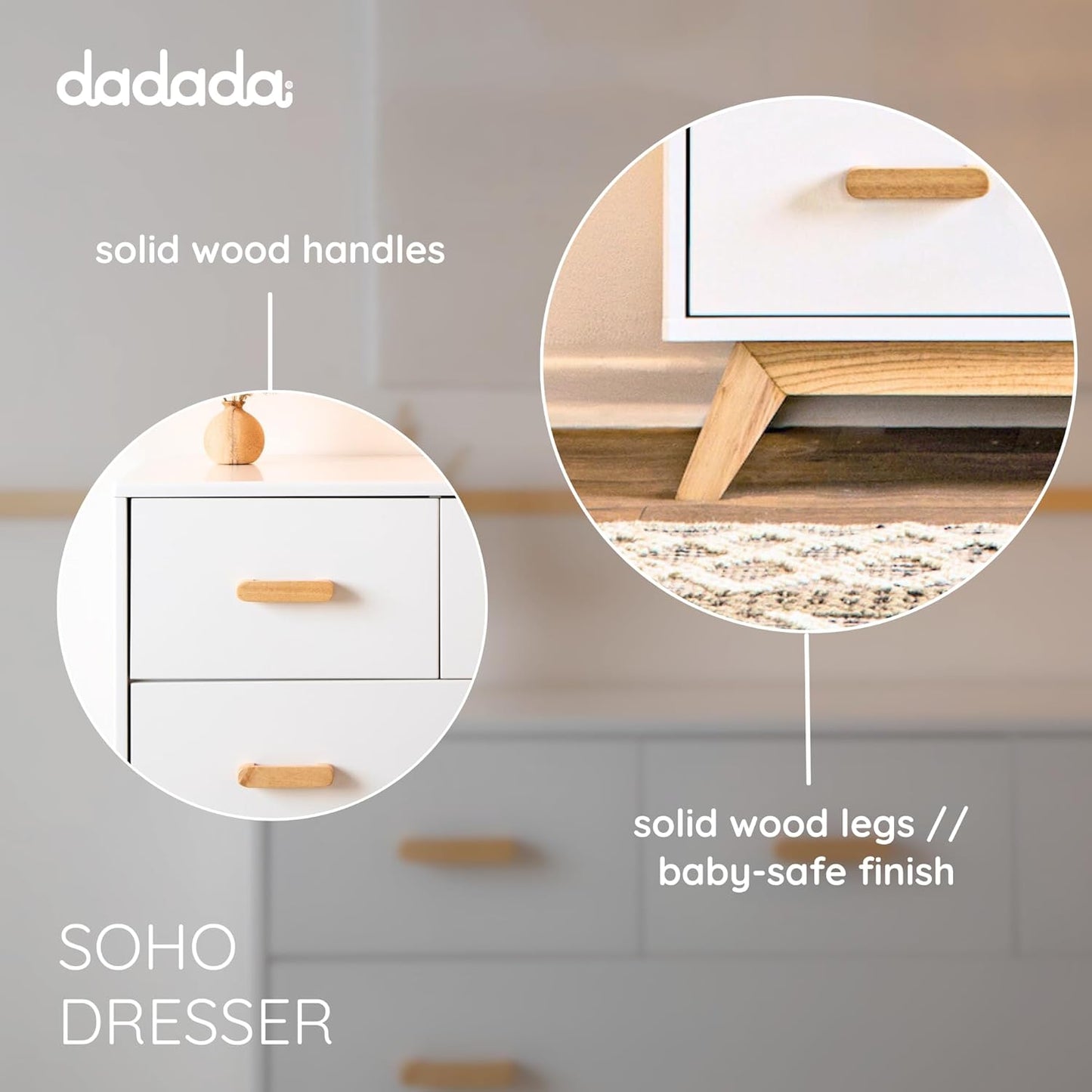 dadada Soho 5-Drawer Dresser for Nursery and Bedroom - Modern Design, Large Storage, Baby-Safe Finish, Soft Close Drawers, Anti-Tip Safety, Sturdy Legs & Solid Wood Handles, 47” Wide (White+Natural)
