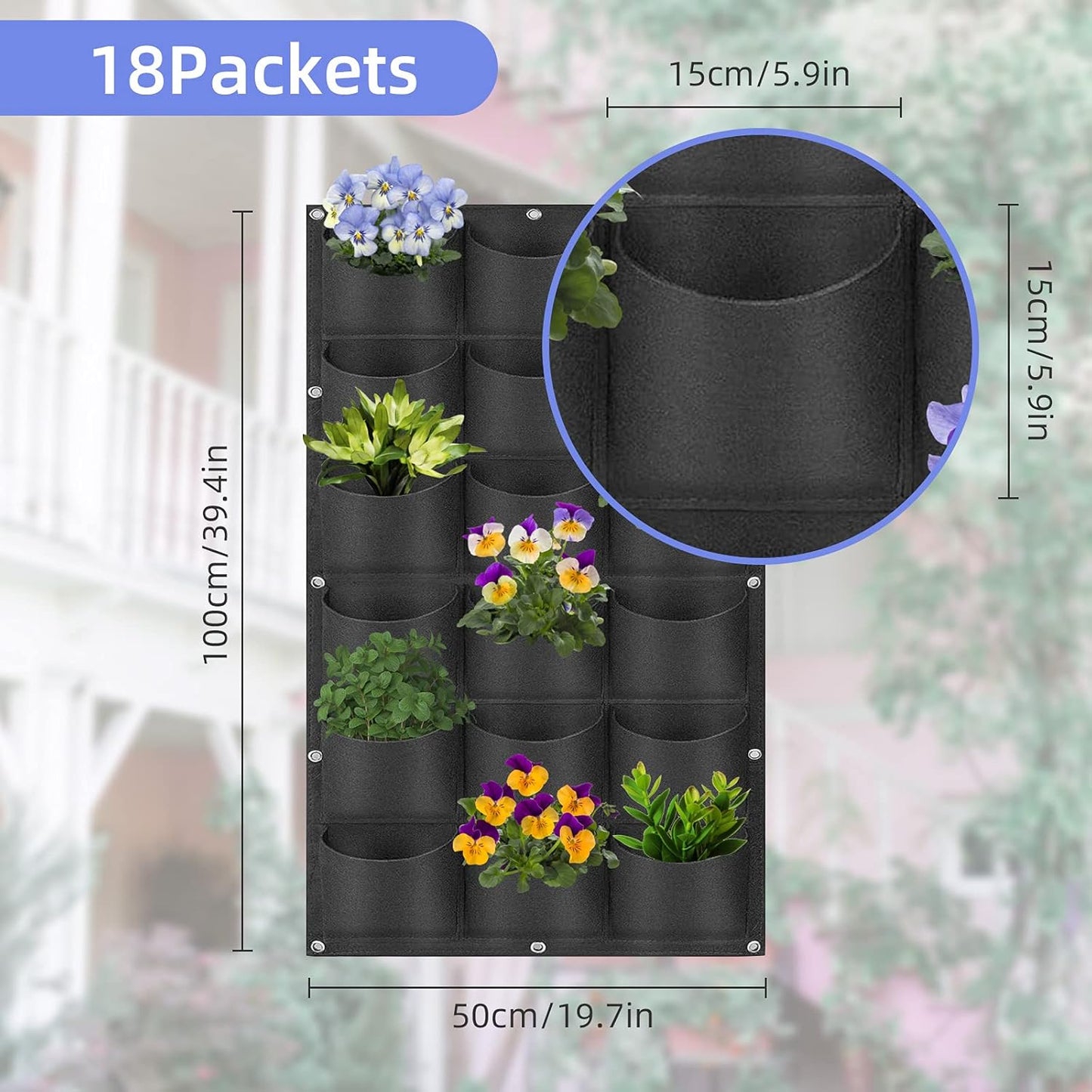 18 Pockets Hanging Planter Bags, Hanging Vertical Wall Mounted Plant Planting Grow Bags, Herb Garden Planter Outdoor Indoor Growing Bag, Gardening Vertical Greening Flower Container(1m×0.5m, Black)