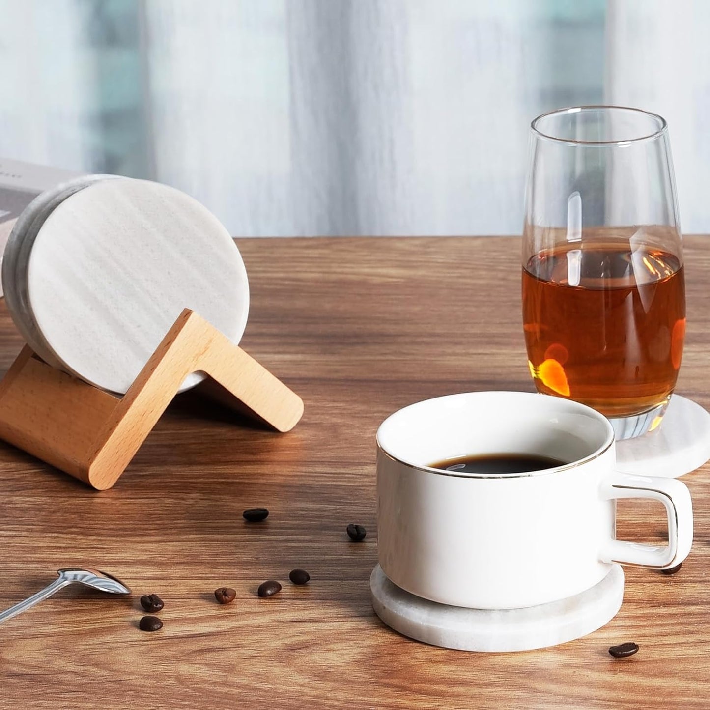 BCS Premium Marble Coasters Set of 6 with Holder - White Stone Drink Coasters for Coffee Table, Durable Cup Mats for Beer, Wine, Beverages - Elegant Home & Office Decor Present