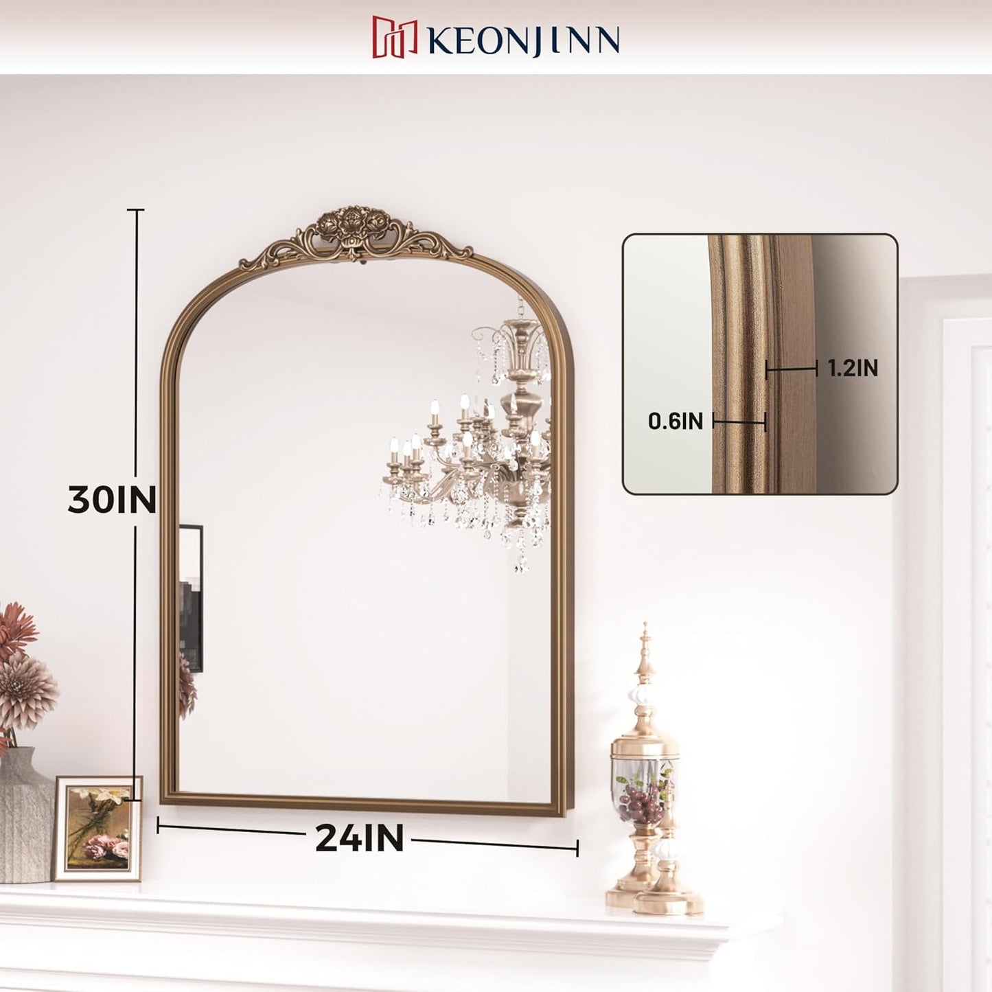 Keonjinn Brass Vintage Arched Mirror for Wall, 24" x 30" Antique Gold Mirrors with Metal Frame, Baroque Style Decoration for Mantle, Bathroom, Living Room, Fireplace, Bedroom, French Cleat Mounting