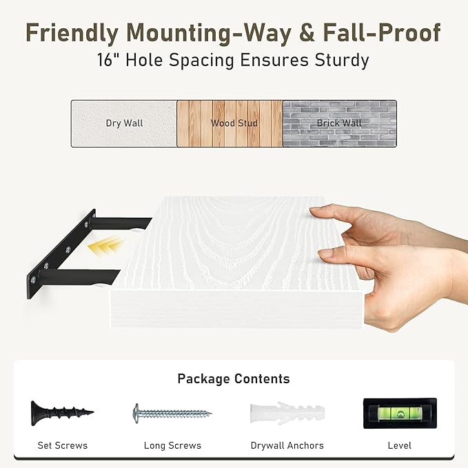 Fun Memories White Floating Shelves Wall Shelf 24 Inch Long, Rustic Bathroom Shelves, Wall Mounted Wood Floating Shelf for Kitchen, Living Room, Bedroom, 24 x 6.7 x 1.4 inch Set of 3