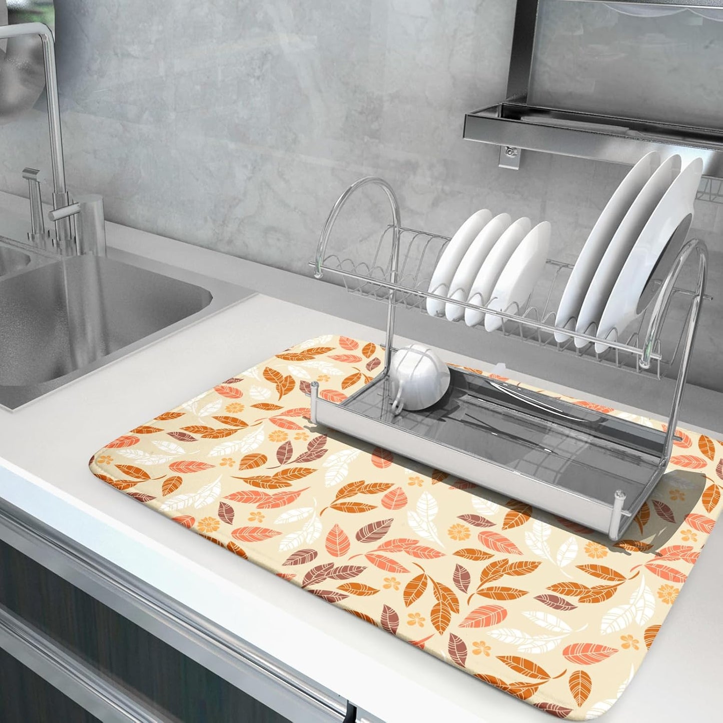 Fall Leaves Dish Drying Mat for Kitchen Counter Autumn Orange White Leaves Seasonal Super Absorbent Reversible Microfiber Kitchen Countertop Protector Dishes Pad Large 18x24 inch