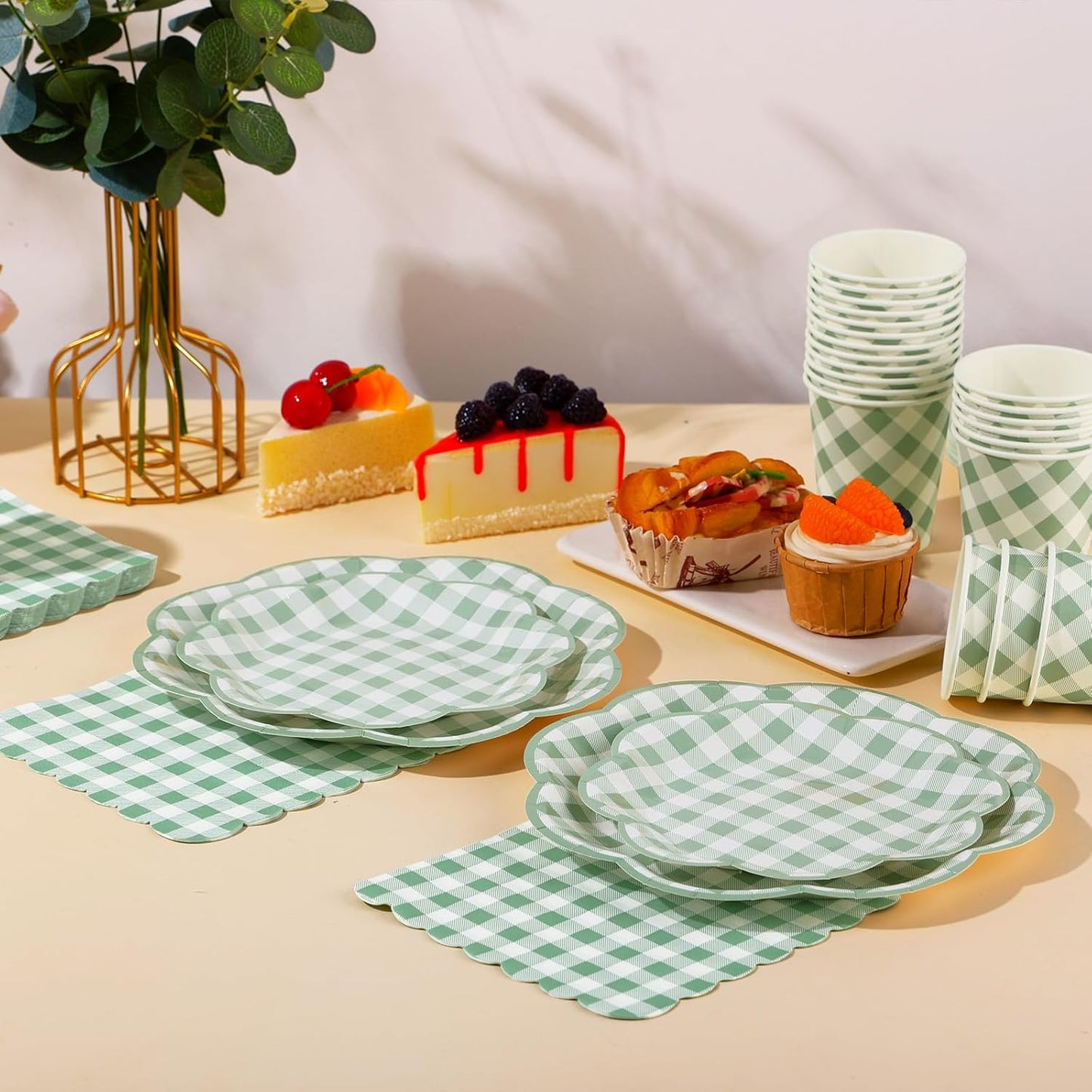 175 Pcs Sage Green Gingham Paper Plates and Napkins Party Supplies - Sage Green and White Checkered Plates Scalloped Plaid Plate for Birthday Dinner Picnic BBQ Party Decorations, Serve 25 Guests