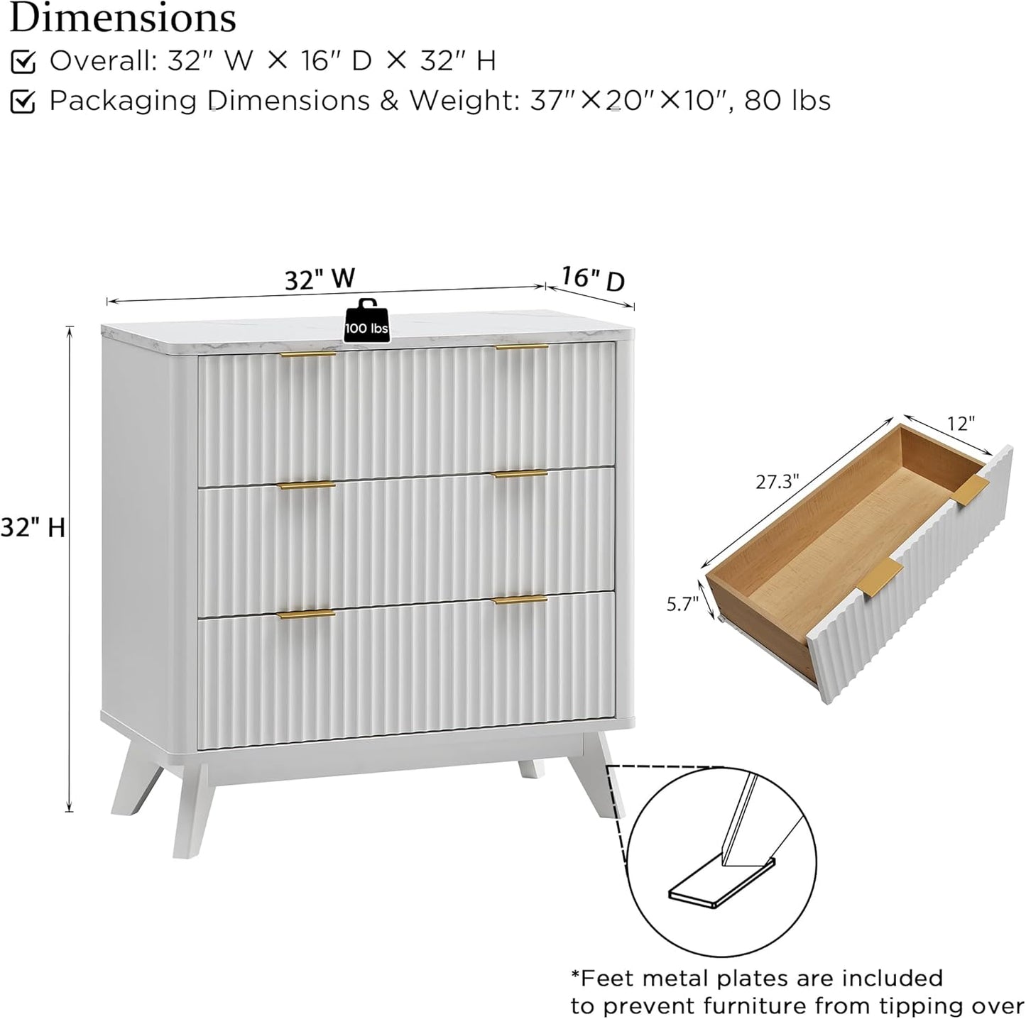T4TREAM 32" Tall Fluted Nightstand Set of 2, Modern Side Table with Faux Marble Top, 3 Drawers End Table w/Storage, Bedside Table for Bedroom, Living Room, Curved Profile Design, Solid White