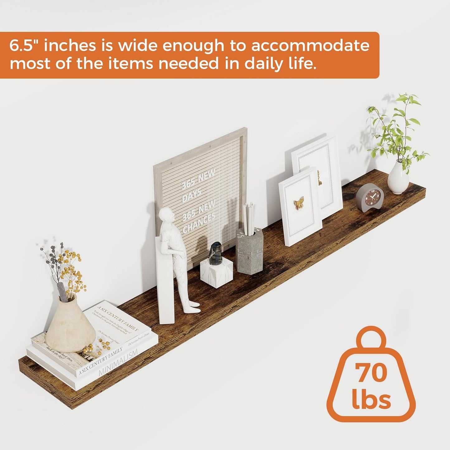 Floating Shelves for Wall, 48 Inch Floating Shelves for Home Decor, Wall Mounted Rustic Wood Shelves, Bathroom, Hanging Deep Shelf for Bedroom, Living Room, Kitchen (Rustic Brown, Set of 2)