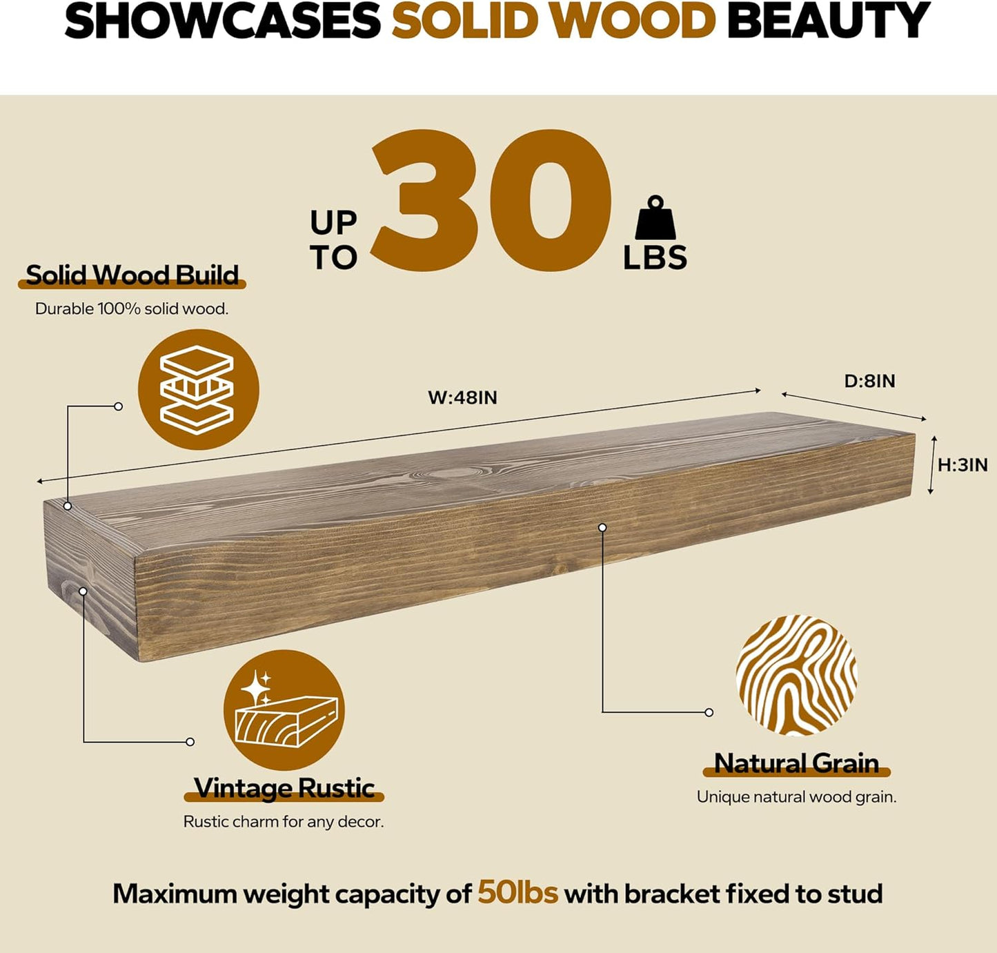 Floating Shelves 3 inch Thick for Wall Set of 2,Solid Pine Wood Wall Mount Shelf for Kitchen Living Room Bedroom Bathroom,8" D x 48" L x 3" H-Black Walnut