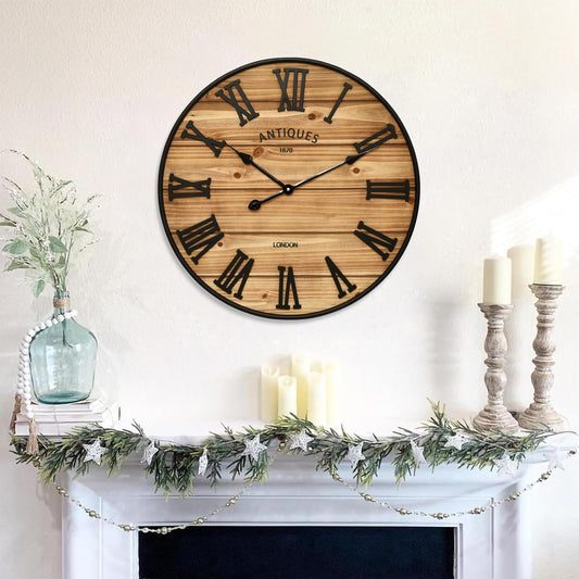24 Inch Farmhouse Wall Clock - Antique Rustic Wood Finish, Silent Battery-Operated Timepiece with Stylish Decor for Home, Office, Kitchen, Bedroom & Living Room