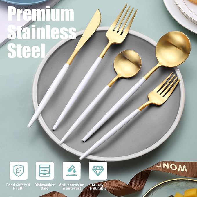 Matte White Gold Silverware Set for 6,Modern Stainless Steel Brushed Cutlery Set,30-Pieces Heavy Duty Flatware Set,Knives Spoons and Forks Set Utensils Set, Satin Finish, Dishwasher Safe