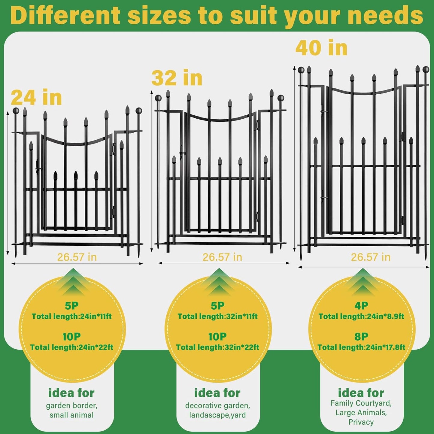 5 Panels No Dig Decorative Garden Fence with Gate, 24in(H) × 11ft(L) Heavy-Duty Rustproof Metal Panels, Outdoor Dog Barrier for Yard & Patio, Landscape, Border| Portable Temporary Fencing