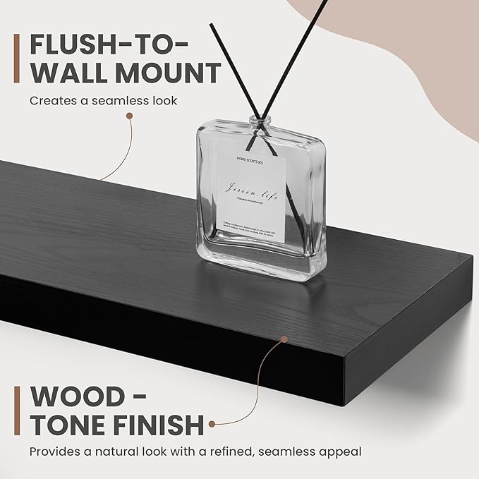 24 Inch Floating Shelves, 8 Inch Deep Floating Shelves for Wall, Hanging Shelf with Invisible Brackets, Deep Shelves for Bathroom, Bedroom, Living Room, Black, Set of 2