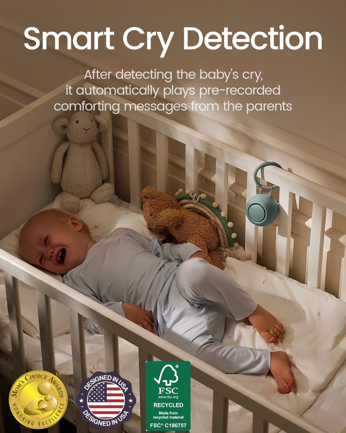 2025 Mom's Choice Awards, Portable Sound Machine for Baby Adult, AI Cry Detection, 18 Soothing Sound, Bluetooth Rechargeable White Noise Machine for Home Office Travel, Nursery Light, Cyan