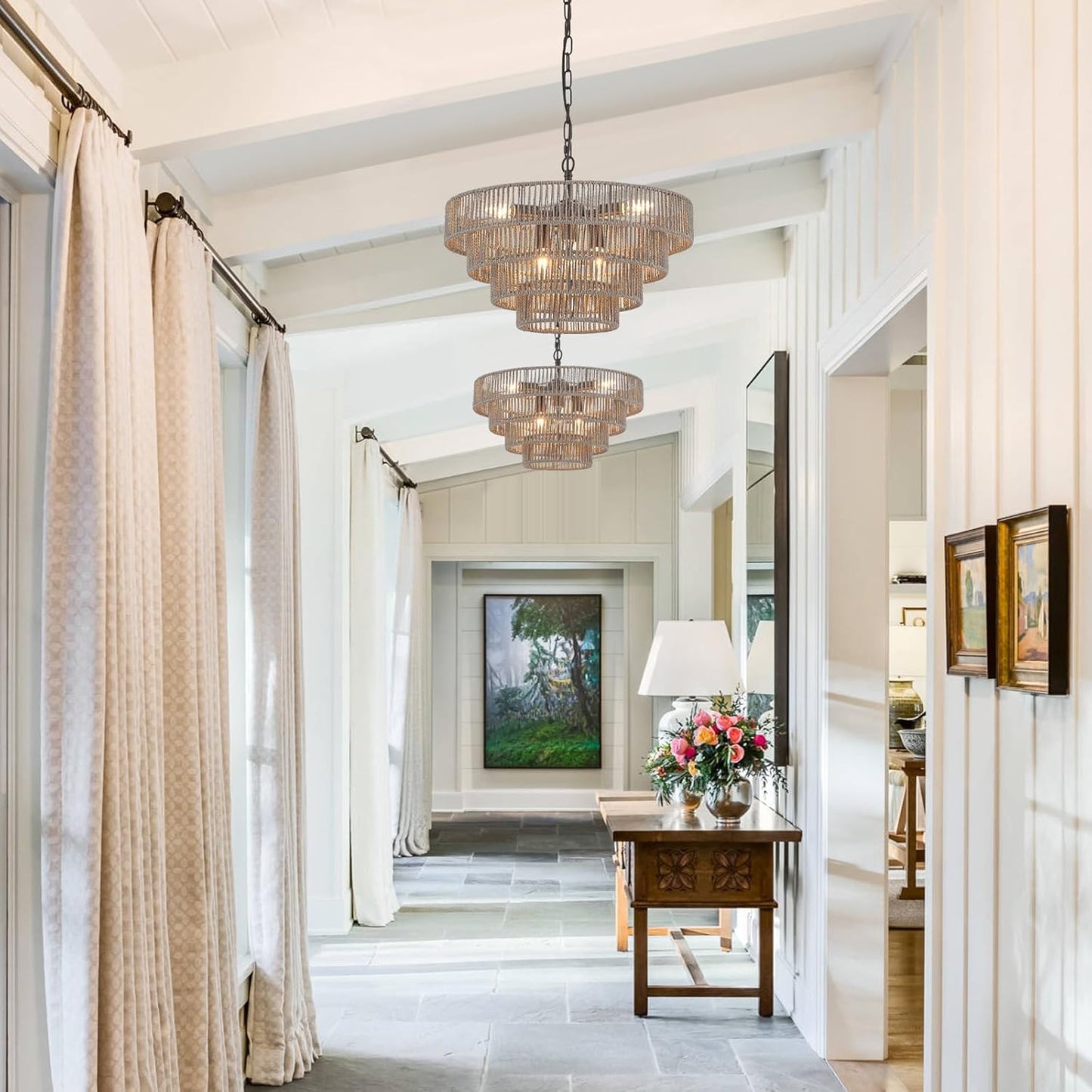 20” Hand-Woven Rattan Chandelier 6-Lights Transitional Minimalist 4 Round Boho Large Coastal Pendant Light for Kitchen Island Dining Room Living Room Hallway, Gray, UL Listed