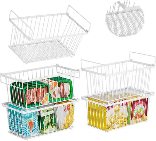 5 Pack Stackable Deep Freezer Organizer Bins ，Upgraded Bottom Leak-Proof net，Encryption and Hardening ， Freezer Organizer Bins for 5 to 7 Cu.FT Small Chest Freezer， Easy Get Bottom Foods