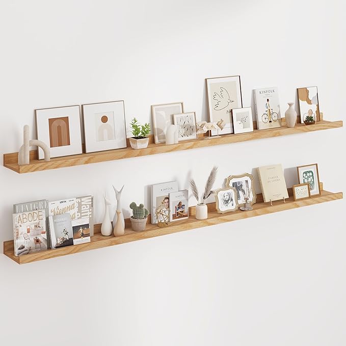 Floating Picture Ledge Shelves 72 Inch Solid Oak Wood Set of 2, Rustic Wall Storage Shelves with Lip, Kids Bookshelf, Photo & Picture Ledge Shelves for Bedroom, Living Room, Kitchen