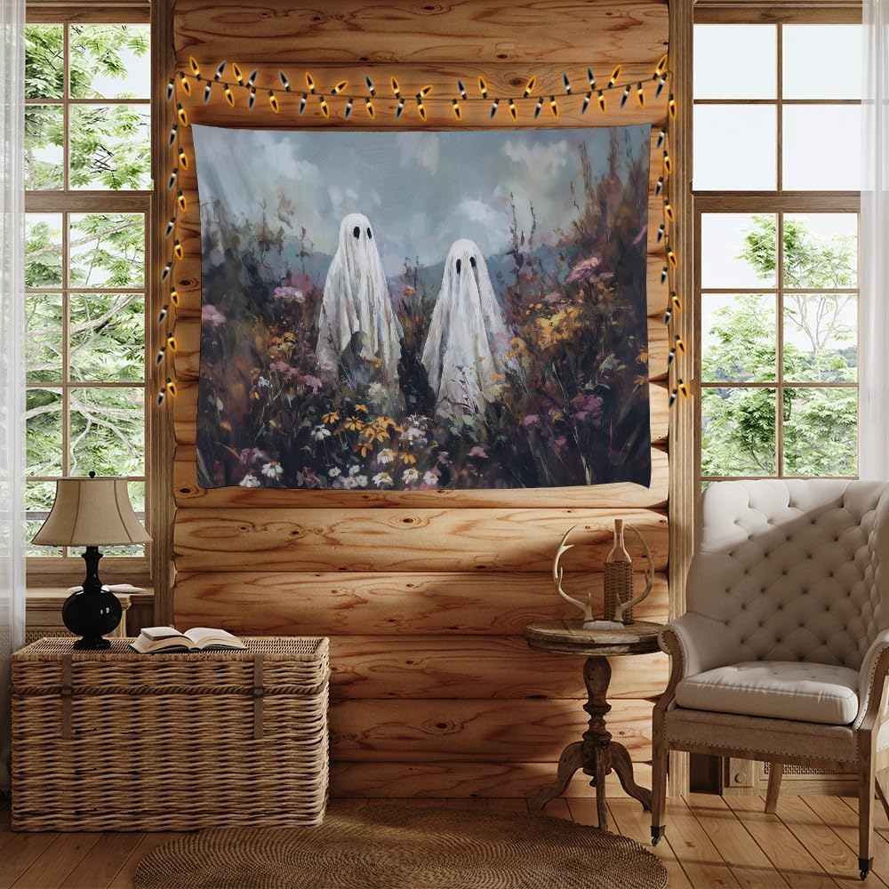 Halloween Ghosts in Wildflowers Tapestry Wall Hanging Spooky Cute Ghost Floral Tapestries Victoria Moody Artwork Aesthetic Print for Goth Living Room Bedroom wall Decor 40x60inch