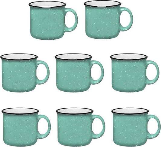 Set of 8 Ceramic Campfire Mugs – 15 Oz, Teal – Coffee & Tea Cups for Home, Work, Travel, Camping – Customizable, Great for DIY, Events, Companies