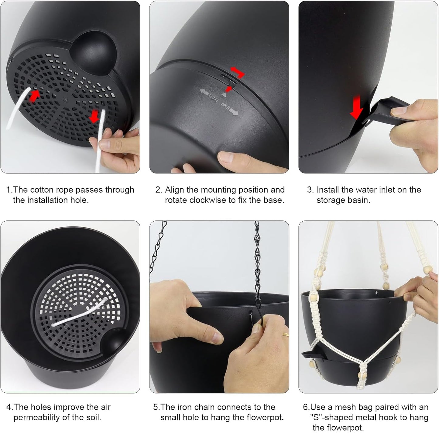 10 inch Self Watering Hanging Planters, 2 Pack Hanging Baskets for Indoor Outdoor Plants, Hanging Flower Pots with Drainage Holes & 2 Kinds of Plant Hangers for Garden Home Decor, Black