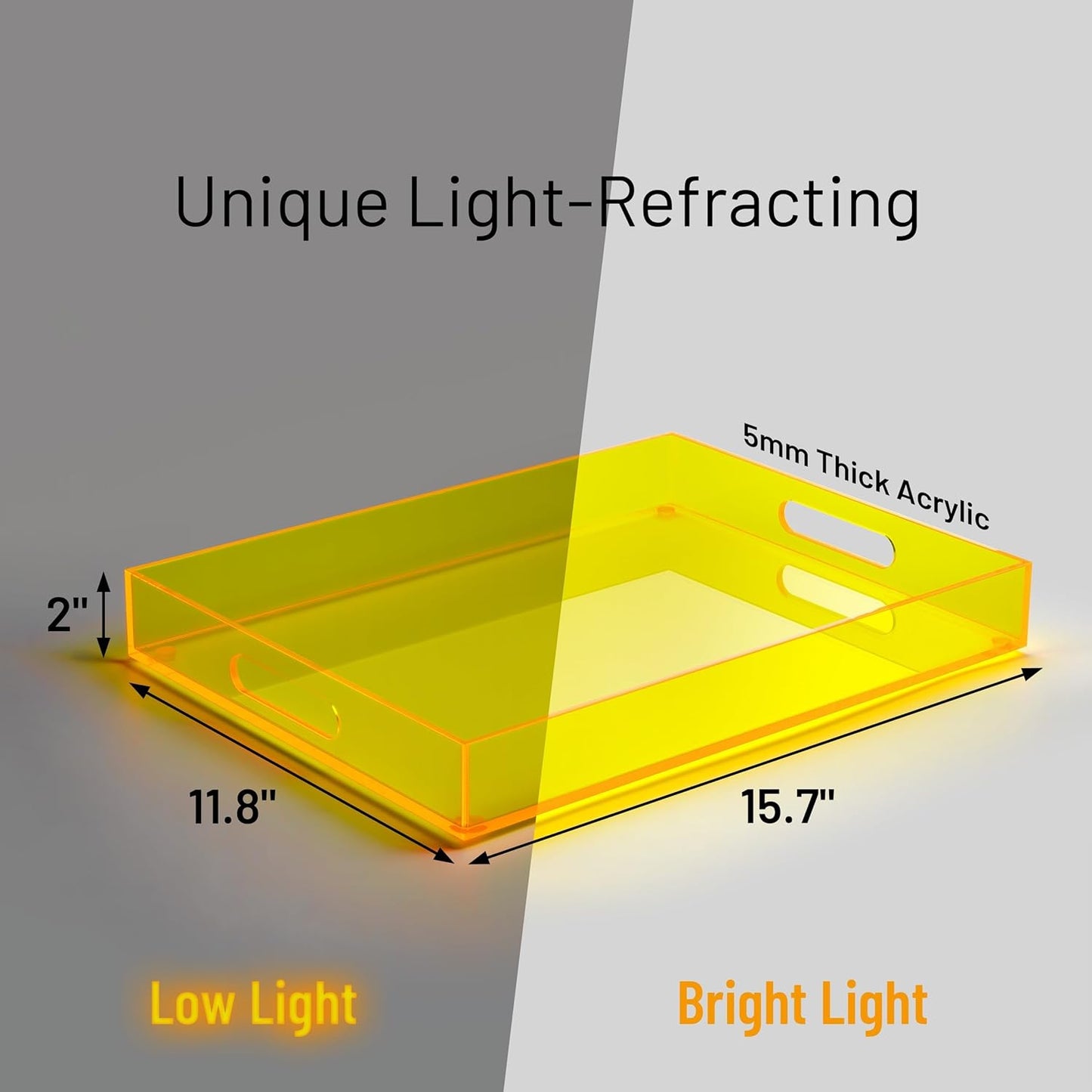 Large Acrylic Serving Tray Decorative Ottoman Coffee Table Vanity Tray Tea Fruit Platter Snack Appetizer Dessert Drink with Handles for Bar Kitchen Party, Neon Yellow