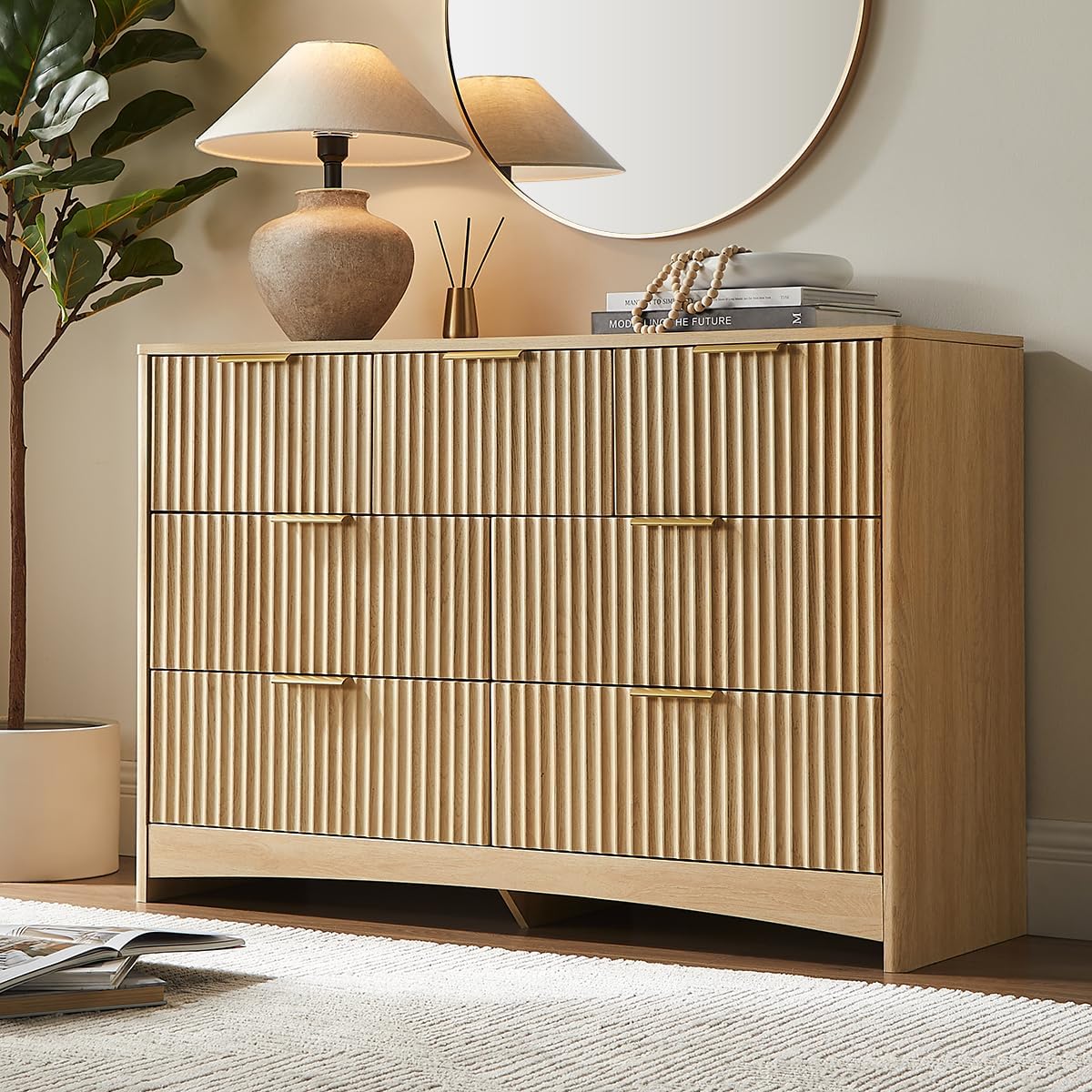 Pipishell Fluted 7 Drawers Dresser, Modern Wood Chest of Drawers, Dressers with Round Edge Design, Dresser TV Stand, Wood Drawer Organizer for Bedroom, Living Room, Hallway, Natural Oak
