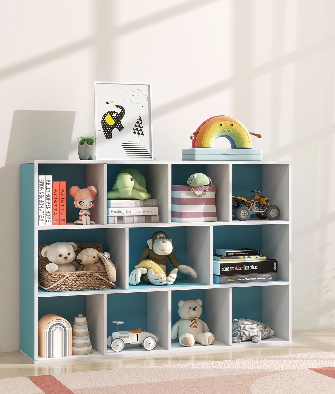 11-Cube Blue Kids Bookshelf and Toy Organizer – Wooden Storage Shelf for Boys Bedroom, Open Cube Bookcase for Toddlers and Playroom Organization