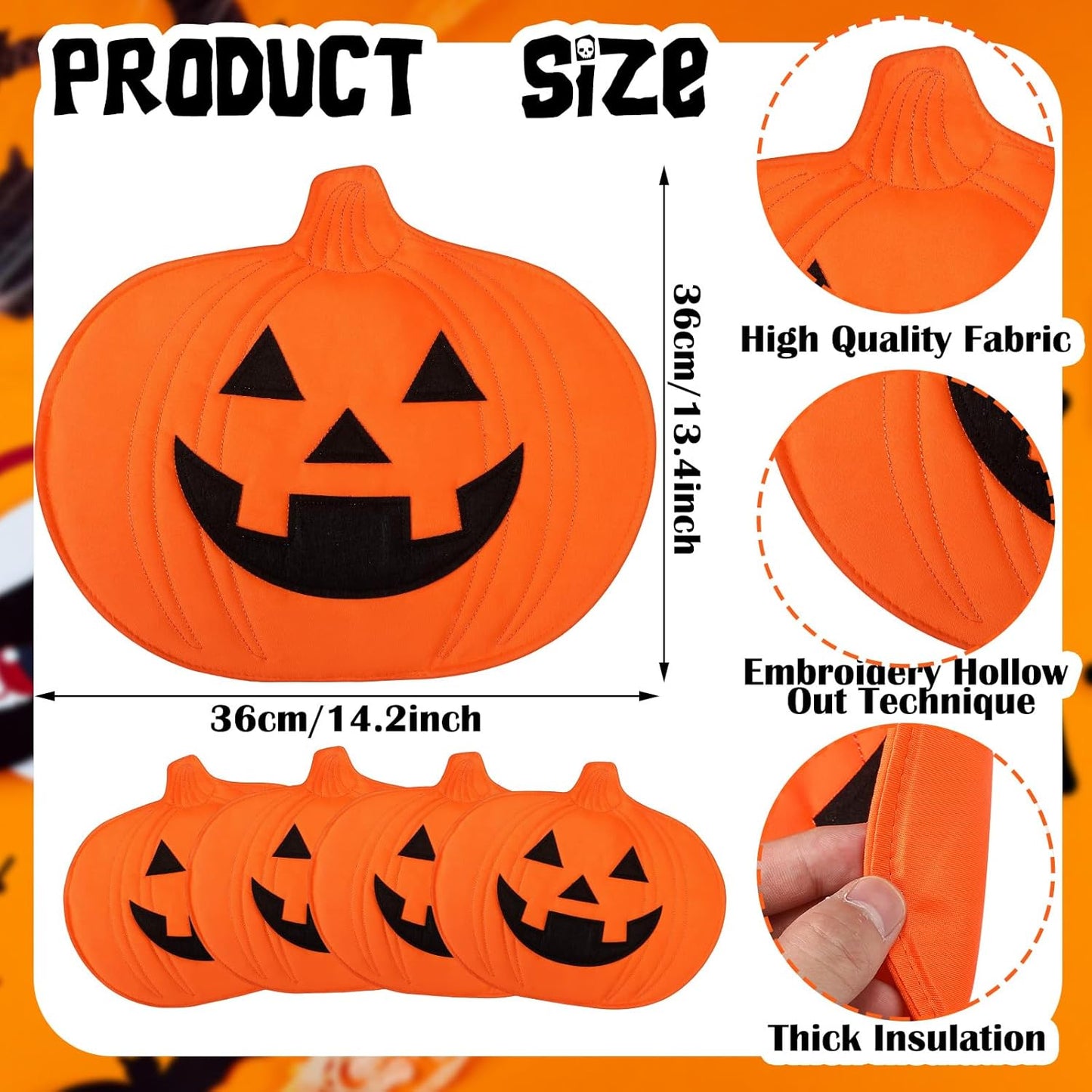 4 Pcs Halloween Pumpkin Placemats Jack O Pumpkin Shaped Heat-Resistant Table Mats 13 x 14 Fall Autumn Harvest Table Decoration for Thanksgiving Holiday Festival Kitchen Dinner Party Decor