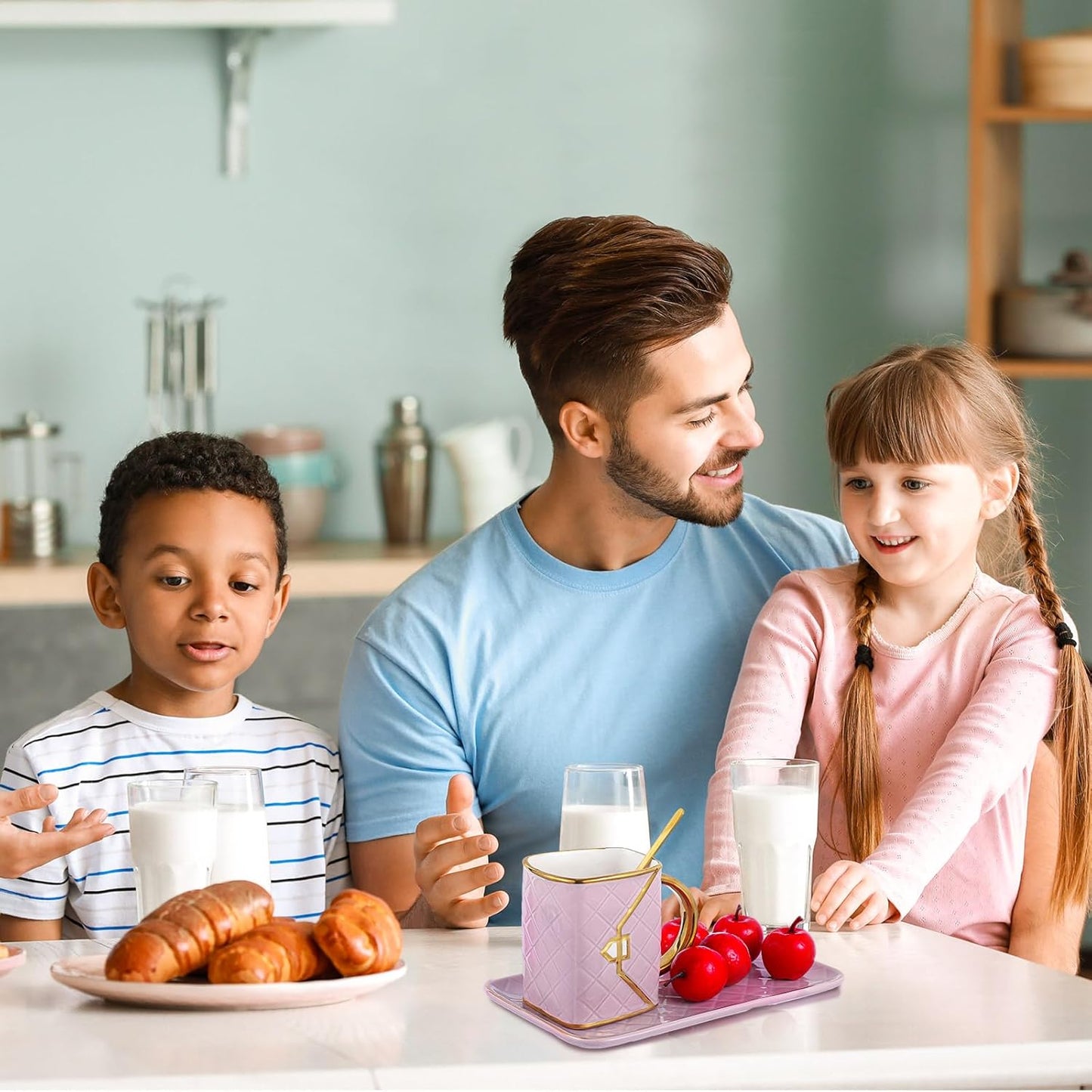 Zubebe 1 Set Coffee Mug Elegant Handbag Shaped Cup Modern Ceramic Purse Mug with Spoon and Saucer, 10oz Cute Creative Tea Cup for Office Home Woman Girls Gift (Purple)