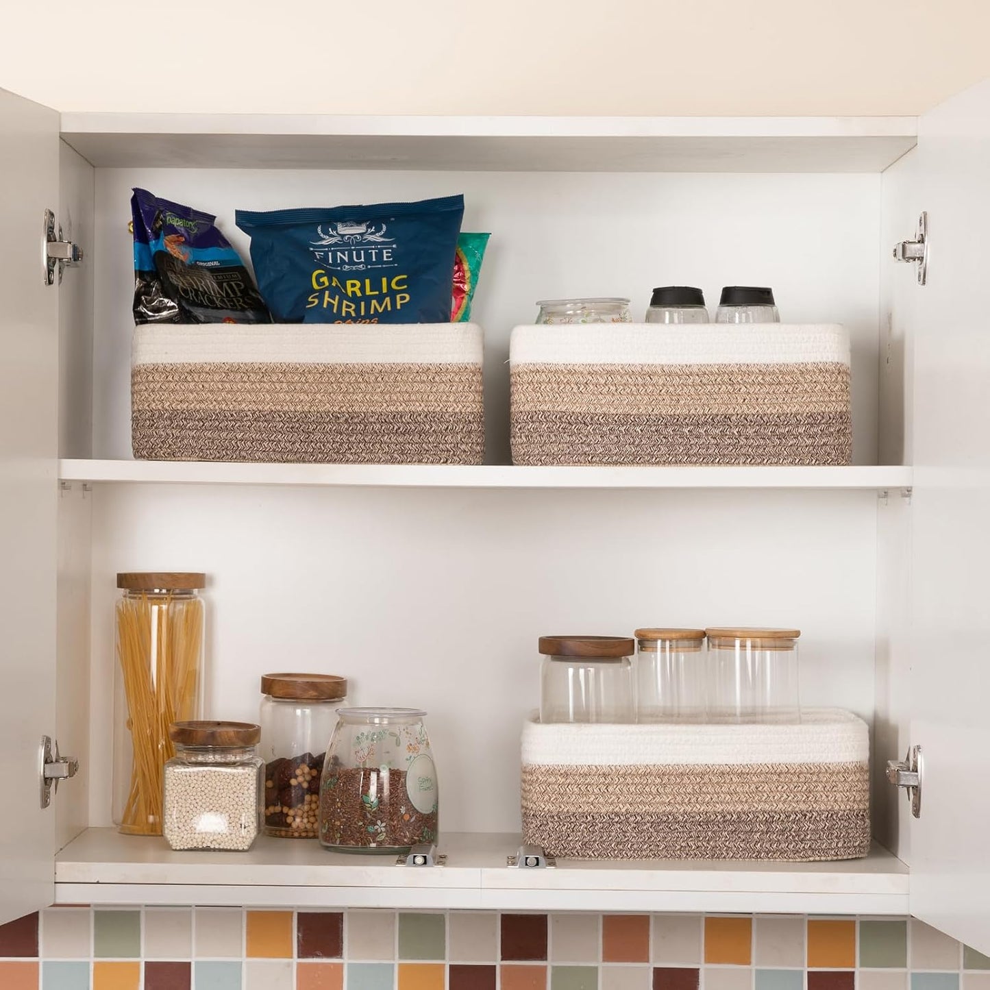 3 Pack Small Storage Baskets for Organizing, Cute Woven Decorative Gift Baskets for Shelves, Mini Closet Organizer Bins with Handles-13''Lx8.66''Wx5.11''H-Brown White