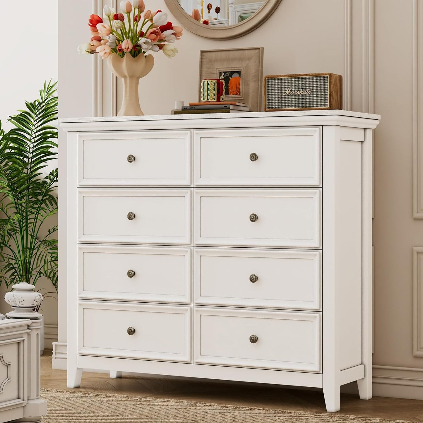 BLANKSPACE White 8 Drawer Dresser, Modern Dresser for Bedroom, Wood Drawer Organizer with Metal Knobs, Large Capacity Cabinet for Bedroom, Hallway