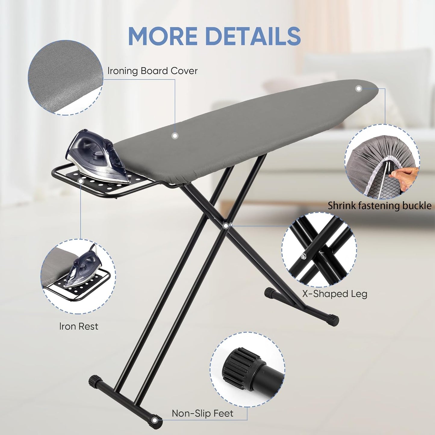 Full Size Ironing Board 47" X 15" with Heat Resistant Cover and Thicken Felt Pad, Safety Iron Rest, Anti-Skid Feet, Height Adjustable, Heavy Duty