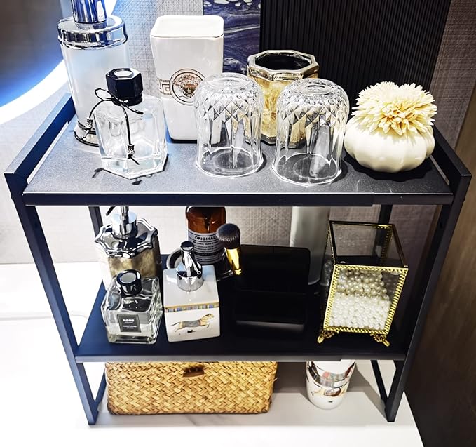 2 Tier Expandable Cabinet Shelf Organizer 14.5-25" L Kitchen Counter Shelf Rack Stand Sink Riser Countertop Storage Black (Normal 7.9”D)