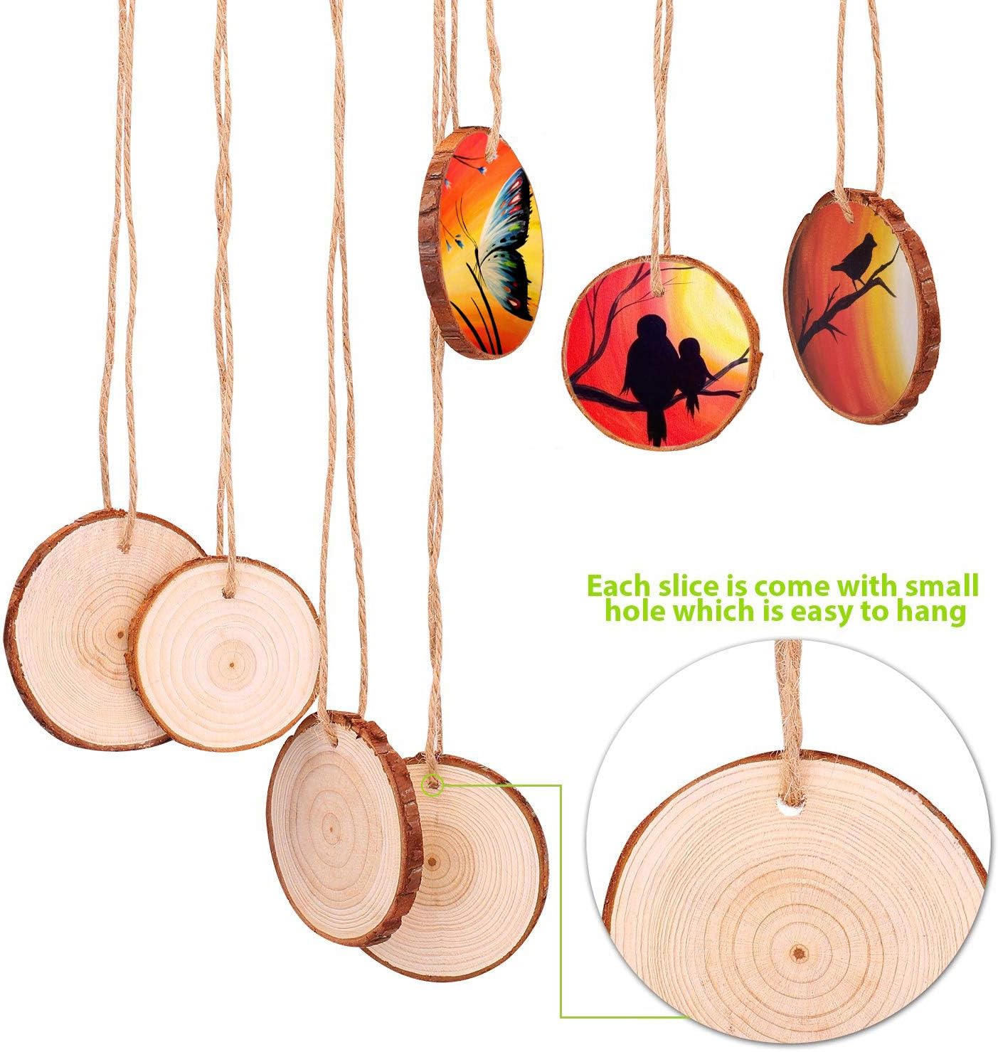 Fuyit Natural Wood Slices 25 Pcs 3.1-3.5 Inches Craft Wood Kit Unfinished Predrilled with Hole Wooden Circles Tree Slices for Arts and Crafts Christmas Ornaments DIY Crafts