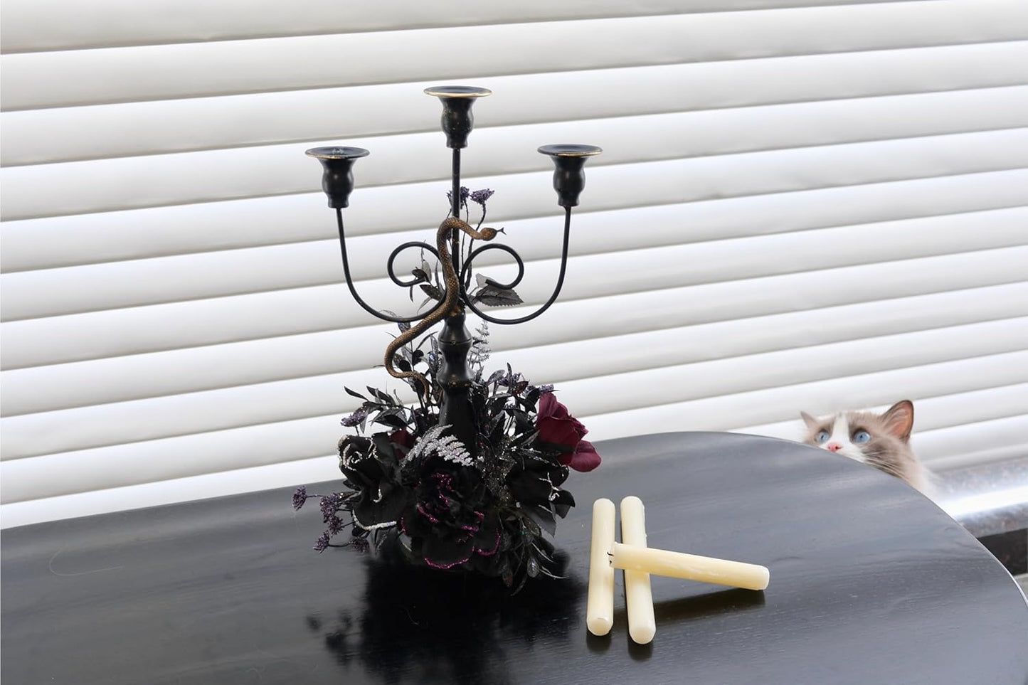 Halloween Candle Holder, 3 Arms Metal Candelabra, Black Candlestick Holder, Gothic Spooky Halloween Decor for Coffee Table/Dining Table Centerpiece, 18" Height
